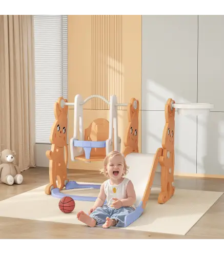 Tobogán Infantil con Columpio con Barandilla y Canasta 4 en 1 para Niños de +18 Meses 147,5x160x107 cm Naranja