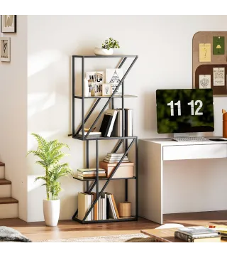 Librería de 5 Niveles Estantería para Libros Industrial con Estantes Abiertos y Marco de Acero 60x30x165 cm Roble