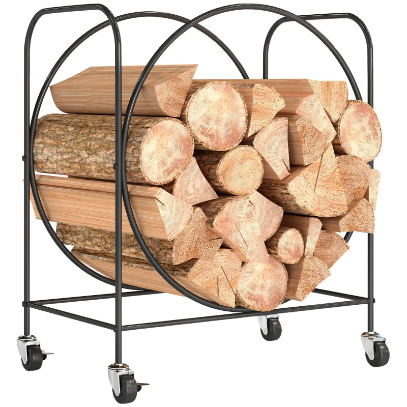 Leñero Exterior Metálico de Chimenea Soporte para Leña con Ruedas para Interior y Exterior 51x30x60 cm Negro