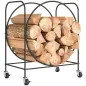 Leñero Exterior Metálico de Chimenea Soporte para Leña con Ruedas para Interior y Exterior 51x30x60 cm Negro