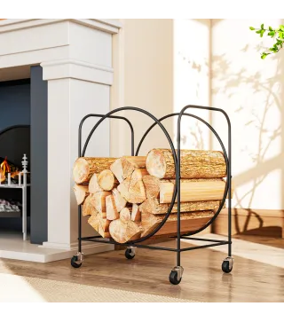 Leñero Exterior Metálico de Chimenea Soporte para Leña con Ruedas para Interior y Exterior 51x30x60 cm Negro