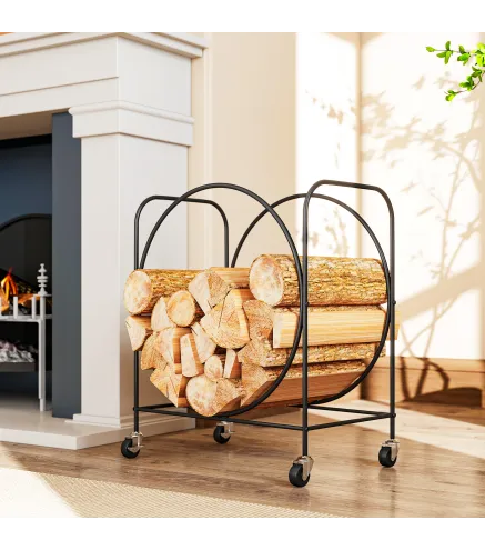 Leñero Exterior Metálico de Chimenea Soporte para Leña con Ruedas para Interior y Exterior 51x30x60 cm Negro
