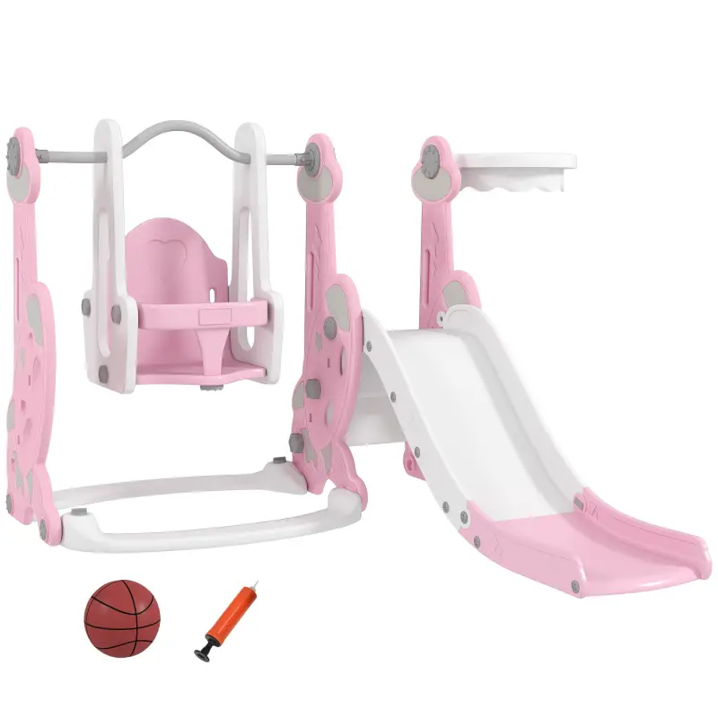 4 en 1 Parque Infantil Interior para +18 Meses Conjunto con Trepador y Canasta con Temática de Cohete Rosa y Blanco