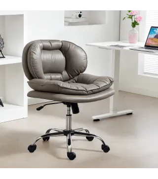 Silla de Oficina Piernas Cruzadas con Asiento Ancho Ruedas Altura Ajustable Doble Acolchado Función Basculante Gris