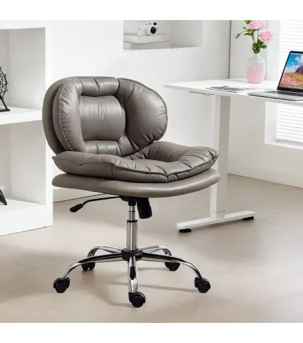 Silla de Oficina Piernas Cruzadas con Asiento Ancho Ruedas Altura Ajustable Doble Acolchado Función Basculante Gris