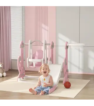 4 en 1 Parque Infantil Interior para +18 Meses Conjunto con Trepador y Canasta con Temática de Cohete Rosa y Blanco