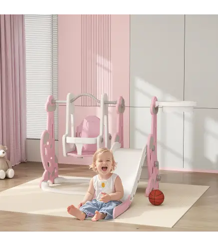 4 en 1 Parque Infantil Interior para +18 Meses Conjunto con Trepador y Canasta con Temática de Cohete Rosa y Blanco