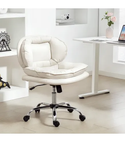 Silla de Oficina Piernas Cruzadas con Asiento Ancho Ruedas Altura Ajustable Doble Acolchado Función Basculante Gris