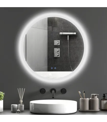 Espejo de Baño Redondo con Luces LED Ø60x3 cm Espejo Antivaho 3 Luces de Colores Función de Memoria Interruptor Táctil