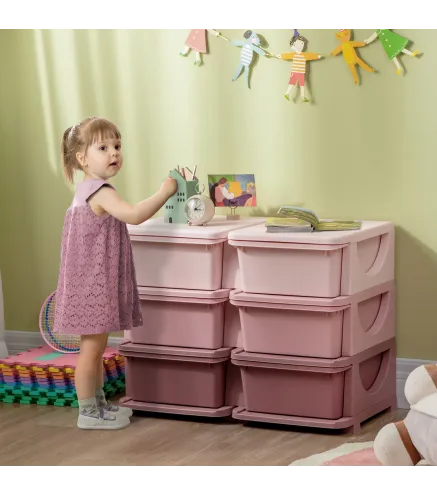 Torre de Almacenamiento Infantil con 6 Cajones Organizador de Juguetes con Bordes Redondeados y Asas 75x37x56,5 cm Rosa