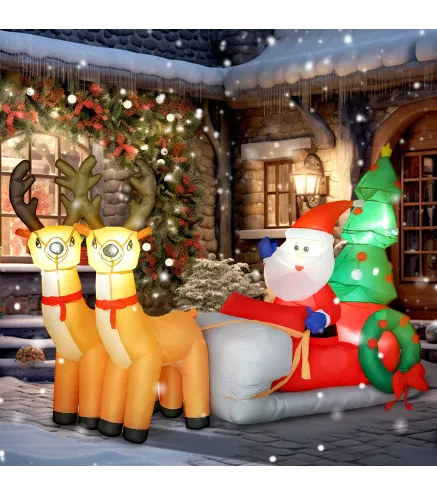 Papá Noel Hinchable con Trineo y Renos Inflables de Navidad con Luces LED para Exterior e Interior 216x90x150 cm