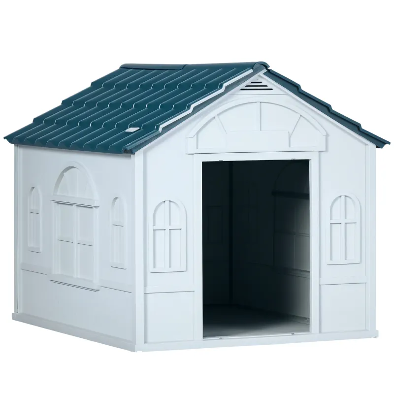 Casa para Perros con Imitación de Ventana y Tejas para Perros Medianos 65x75,7x63 cm Azul Verdoso y Blanco Casa para Perros con Imitación de Ventana y Tejas para Perros Medianos 65x75,7x63 cm Azul Verdoso y Blanco