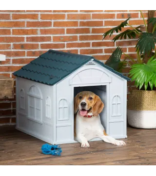Casa para Perros con Imitación de Ventana y Tejas para Perros Medianos 65x75,7x63 cm Azul Verdoso y Blanco
