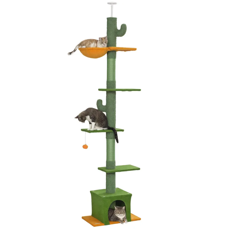 Árbol para Gatos de Suelo a Techo de 230-275 cm con Altura Ajustable Plataformas Cueva Hamaca Postes Bolas Verde