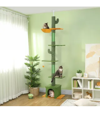 Árbol para Gatos de Suelo a Techo de 230-275 cm con Altura Ajustable Plataformas Cueva Hamaca Postes Bolas Verde