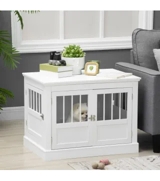 Jaula para Perros Pequeños Mesa Auxiliar Moderna con 3 Puertas Francés con Cierre Magnético 78x53x59,3 cm Blanco