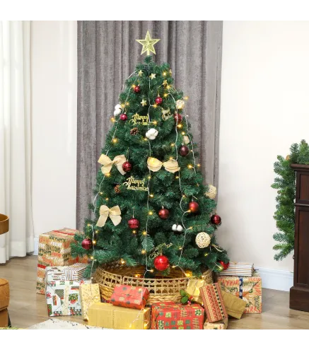 Árbol de Navidad 150 cm con Adornos 150 Luces LED Blanco Cálido 8 Modos de Iluminación 480 Ramas Verde