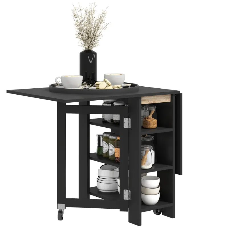 Mesa de Cocina Plegable con Alas Abatibles 2 Ruedas y Estantes Estilo Moderno 120x60x75 cm Negro Mesa de Cocina Plegable con Alas Abatibles 2 Ruedas y Estantes Estilo Moderno 120x60x75 cm Negro