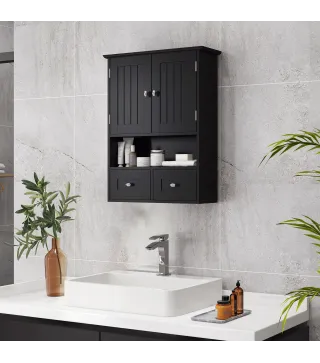 Armario de Baño de Pared Armario Colgante Mueble Suspendido de Baño con 2 Puertas y 2 Cajones 50,8x17,8x66 cm Negro