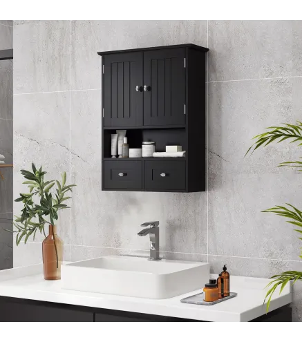 Armario de Baño de Pared Armario Colgante Mueble Suspendido de Baño con 2 Puertas y 2 Cajones 50,8x17,8x66 cm Negro
