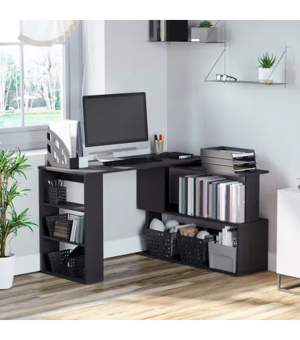 Escritorio en L con Estantería Mesa de Escritorio con Estantes para Oficina Estudio 120x110x74,5 cm Negro