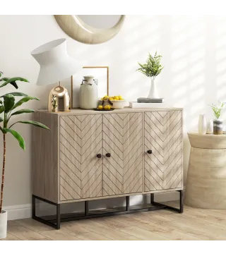 Aparador de Salón con 3 Puertas con Diseño Chevron Estantes Ajustables Patas de Metal 108x40x80 cm Roble
