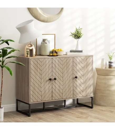 Aparador de Salón con 3 Puertas con Diseño Chevron Estantes Ajustables Patas de Metal 108x40x80 cm Roble