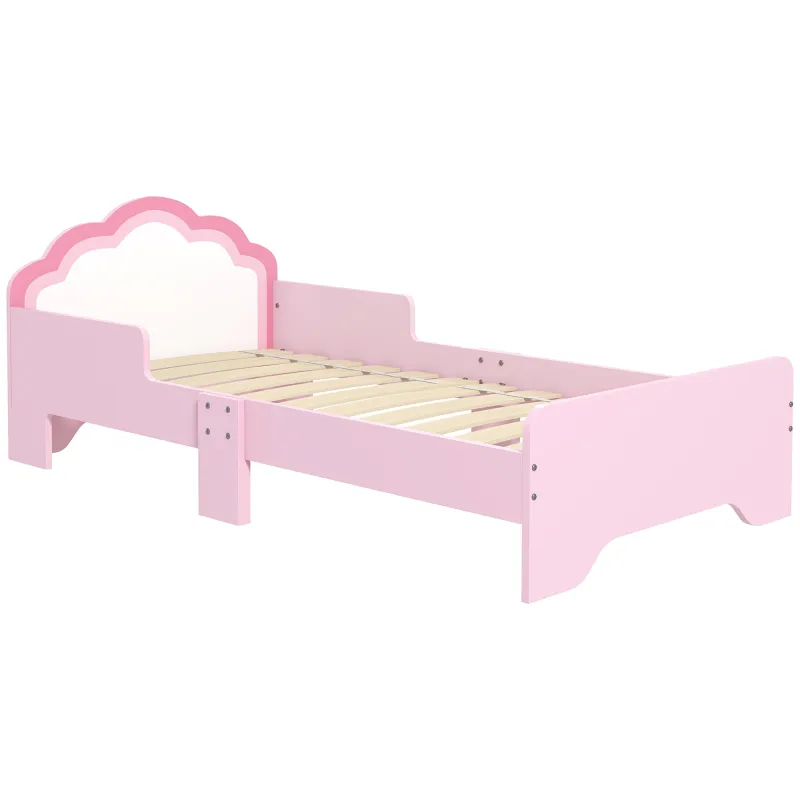 Cama Infantil 70x140 cm con Barrera Anticaídas y Somier Cabecero en Forma de Nube Rosa