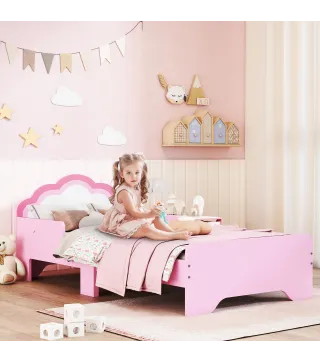 Cama Infantil 70x140 cm con Barrera Anticaídas y Somier Cabecero en Forma de Nube Rosa