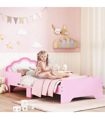 Cama Infantil 70x140 cm con Barrera Anticaídas y Somier Cabecero en Forma de Nube Rosa