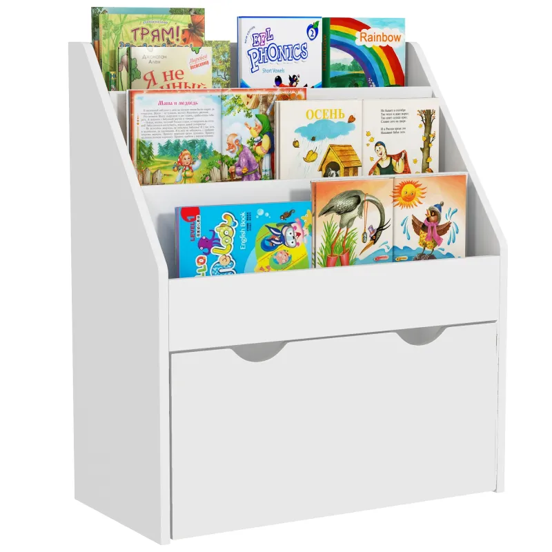Librería Infantil de 4 Niveles Estantería para Libros Infantil con 3 Estantes y 1 Cajón con Ruedas 62,5x30x70 cm Blanco Librería Infantil de 4 Niveles Estantería para Libros Infantil con 3 Estantes y 1 Cajón con Ruedas 62,5x30x70 cm Blanco