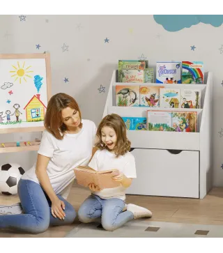 Librería Infantil de 4 Niveles Estantería para Libros Infantil con 3 Estantes y 1 Cajón con Ruedas 62,5x30x70 cm Blanco