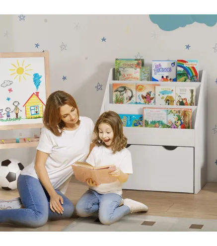 Libreria Infantil de 4 Niveles Estanteria para Libros Infantil con 3 Estantes y 1 Cajon con Ruedas 62,5x30x70 cm Blanco