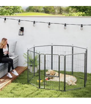 Parque para Perros de 8 Paneles de 100 cm de Altura con Puerta para Interior y Exterior Negro