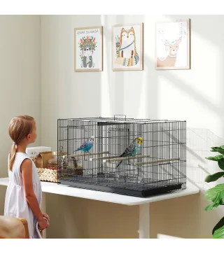 Jaula para Pájaros con Divisor 4 Comederos 4 Perchas Bandeja Extraíble para Loros Canarios Periquitos 76x46x46 cm Negro