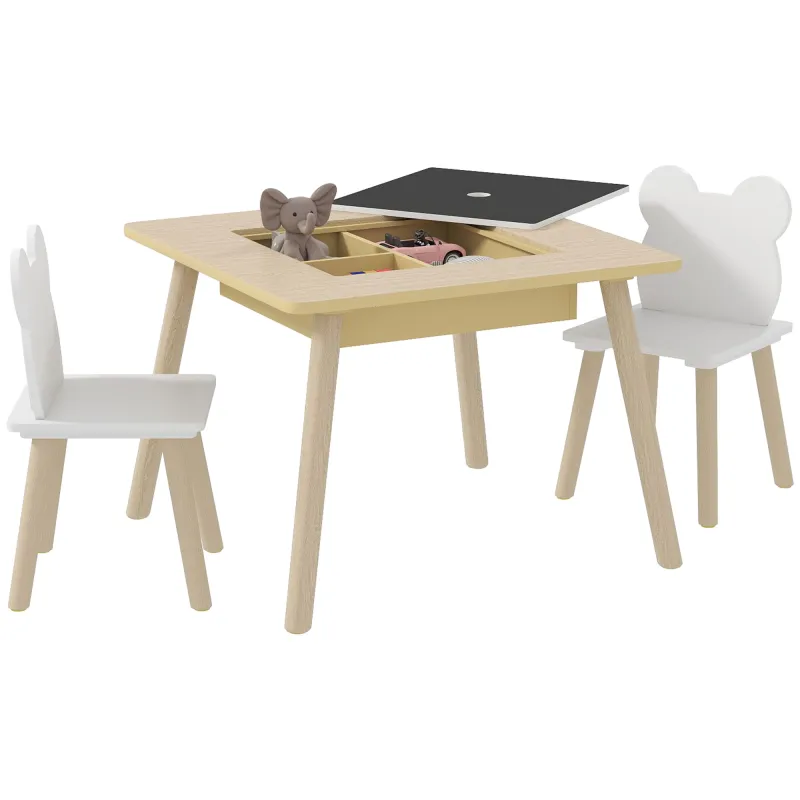 Juego de Mesa y 2 Sillas Infantiles de Madera con Compartimentos y Pizarra Desmontable 60x60x44 cm Natural y Blanco Juego de Mesa y 2 Sillas Infantiles de Madera con Compartimentos y Pizarra Desmontable 60x60x44 cm Natural y Blanco