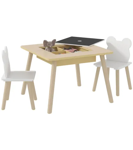 Juego de Mesa y 2 Sillas Infantiles de Madera con Compartimentos y Pizarra Desmontable 60x60x44 cm Natural y Blanco