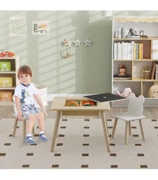 Juego de Mesa y 2 Sillas Infantiles de Madera con Compartimentos y Pizarra Desmontable 60x60x44 cm Natural y Blanco