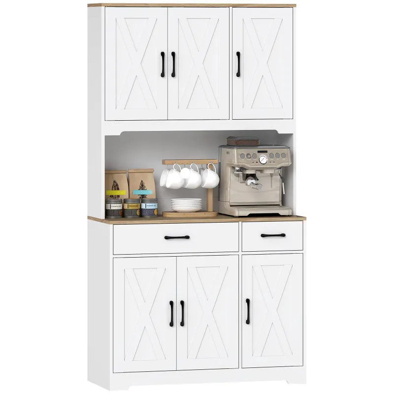 Alacena de Cocina con 6 Puertas Encimera para Microondas 2 Cajones Estantes Ajustables Orificio para Cable Blanco Alacena de Cocina con 6 Puertas Encimera para Microondas 2 Cajones Estantes Ajustables Orificio para Cable Blanco