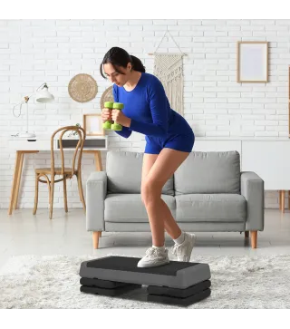 Step de Aeróbic Step para Fitness Antideslizante Altura Regulable 3 Niveles 77x36x20,5cm Gris y Negro