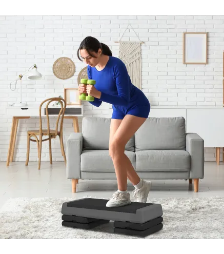 Step de Aeróbic Step para Fitness Antideslizante Altura Regulable 3 Niveles 77x36x20,5cm Gris y Negro