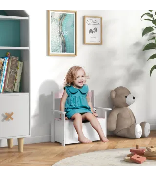 Banco Almacenaje para Niños con Respaldo Tapa Amortiguadora Carga 30 kg para Salas de Juego 68,5x34x58 cm Rosa y Blanco