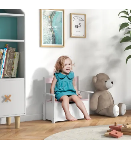 Banco Almacenaje para Ninos con Respaldo Tapa Amortiguadora Carga 30 kg para Salas de Juego 68,5x34x58 cm Rosa y Blanco