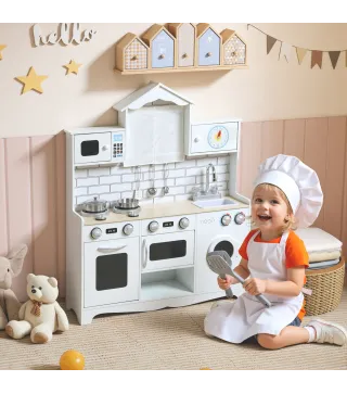 Cocina de Juguete de Madera con Sonido y Cortinas Accesorios de Acero Inoxidable para Niños a Partir de 3 Años Blanco