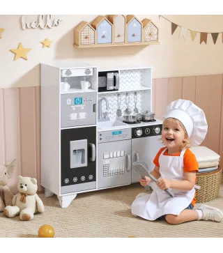 Cocina de Juguete de Madera con Sonido Accesorios de Acero Inoxidable para Niños a Partir de 3 Años Blanco