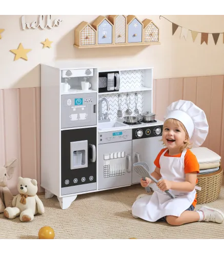 Cocina de Juguete de Madera con Sonido Accesorios de Acero Inoxidable para Niños a Partir de 3 Años Blanco
