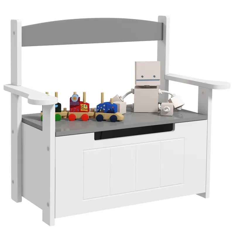 Banco Almacenaje para Niños con Respaldo Tapa Amortiguadora Carga 30 kg para Salas de Juego 68,5x34x58 cm Gris y Blanco