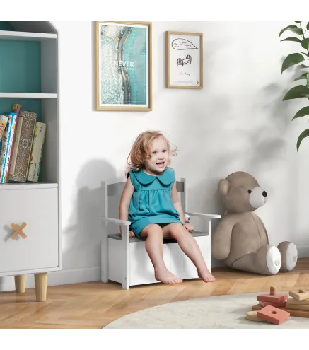 Banco Almacenaje para Niños con Respaldo Tapa Amortiguadora Carga 30 kg para Salas de Juego 68,5x34x58 cm Gris y Blanco