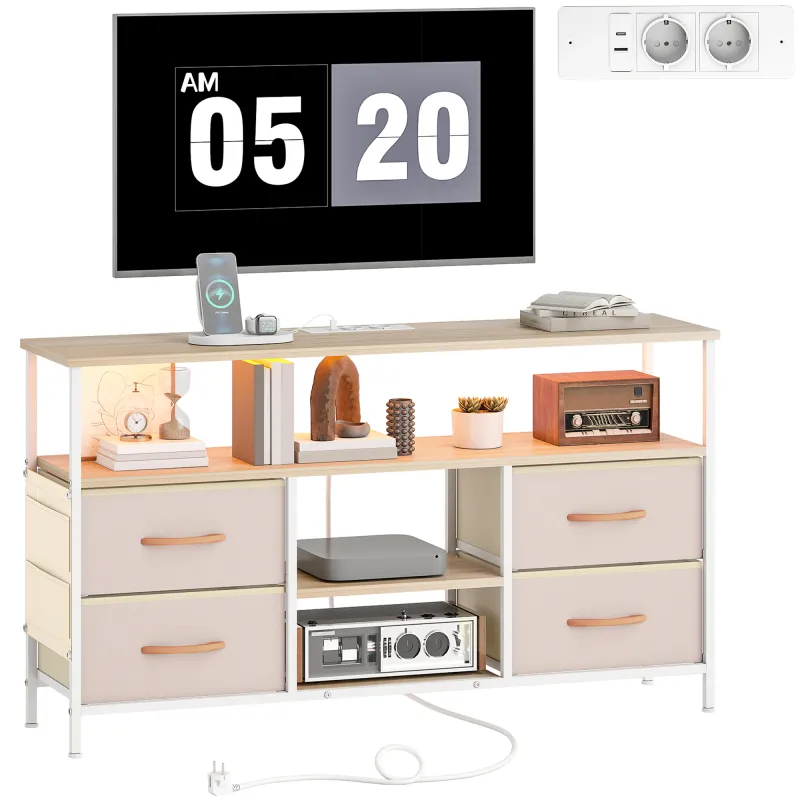 Mueble de TV con Luz LED y Enchufes Puertos USB Estantes Abiertos 4 Cajones plegables 120x30x67,5 cm Beige y Blanco