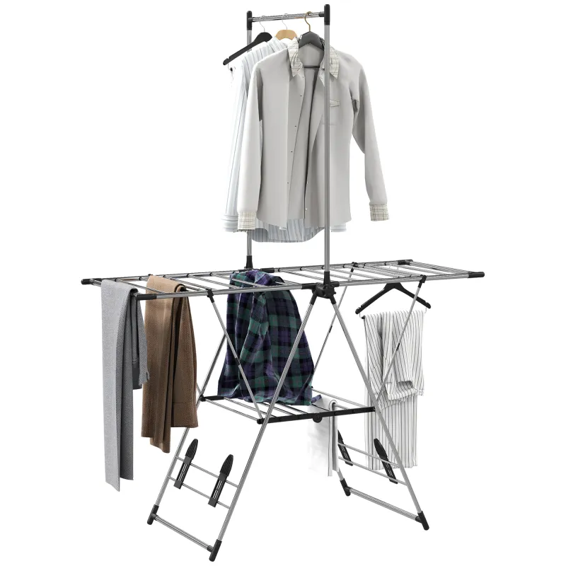 Tendedero Vertical Plegable con Alas Ajustables 4 Soportes para Calzado Barra y Estante 139x62,5x201 cm Plata